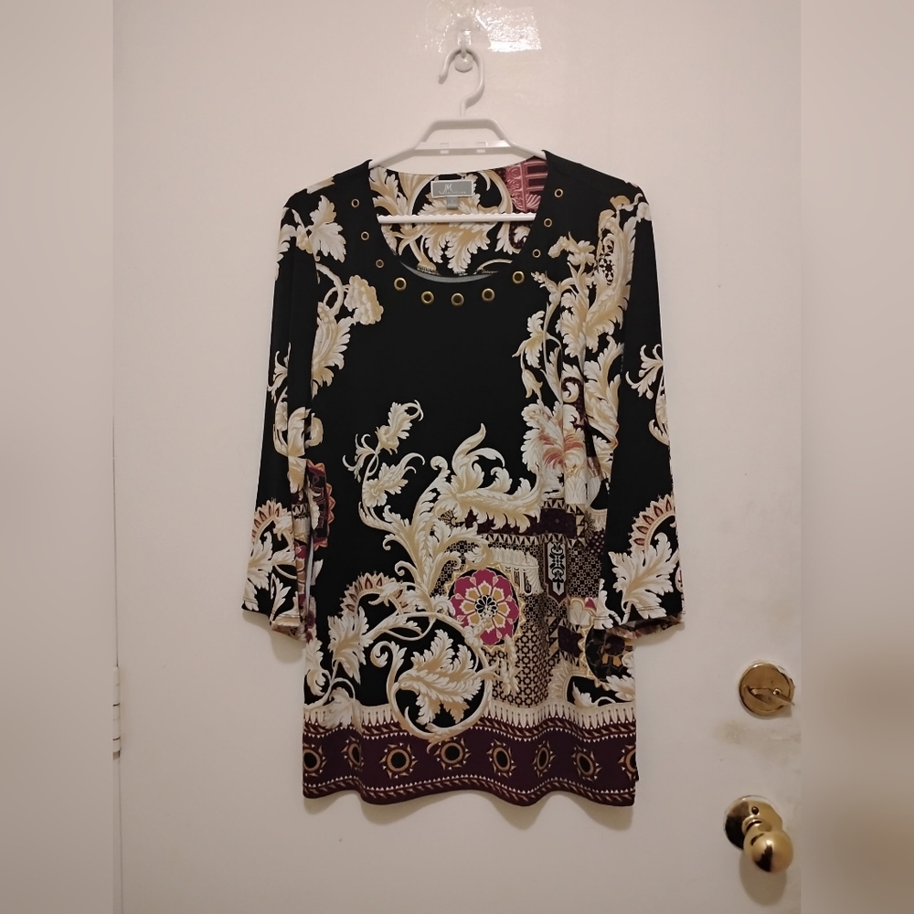 JM Collection Printed Tunic Blouse Size Large Black Floral Baroque 3/4 Sleeve